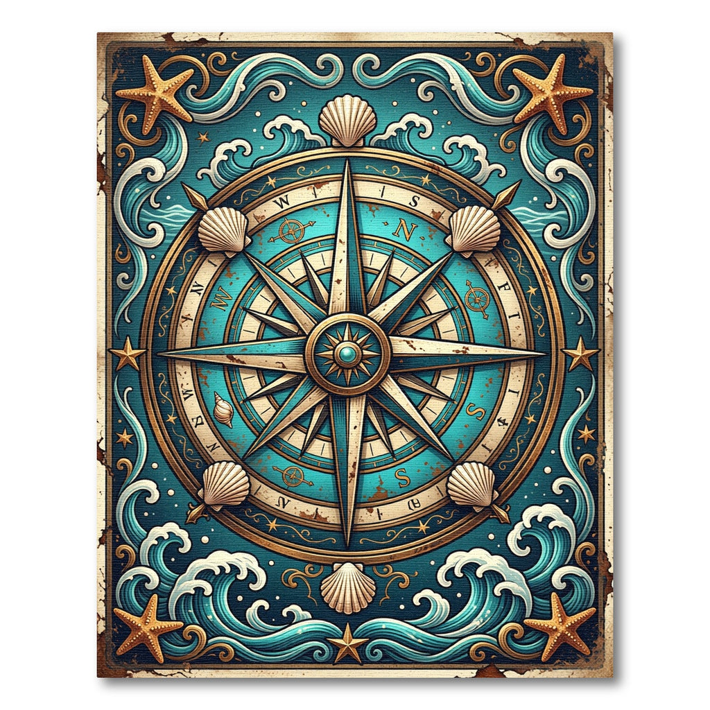 Nautical Compass Seashell Wave Art Rug