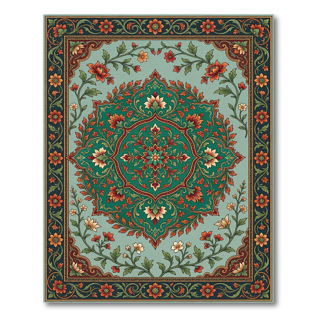 Ornate Teal Floral Medallion Rug