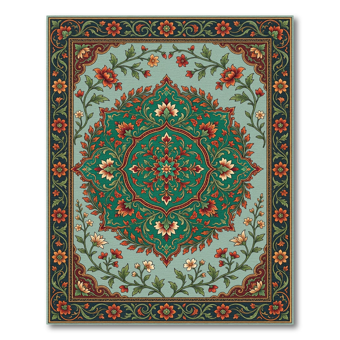 Ornate Teal Floral Medallion Rug