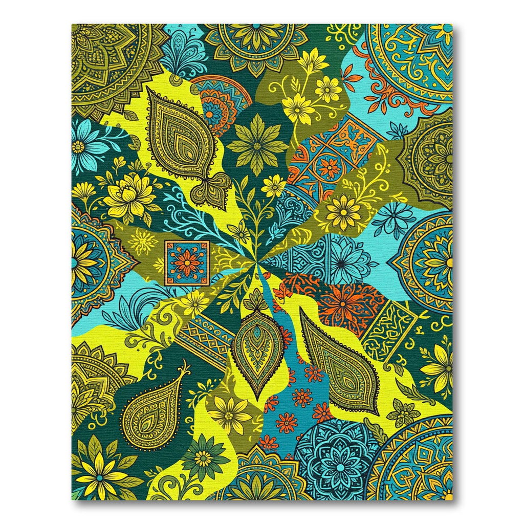 Vibrant Teal Yellow Paisley Patchwork Rug