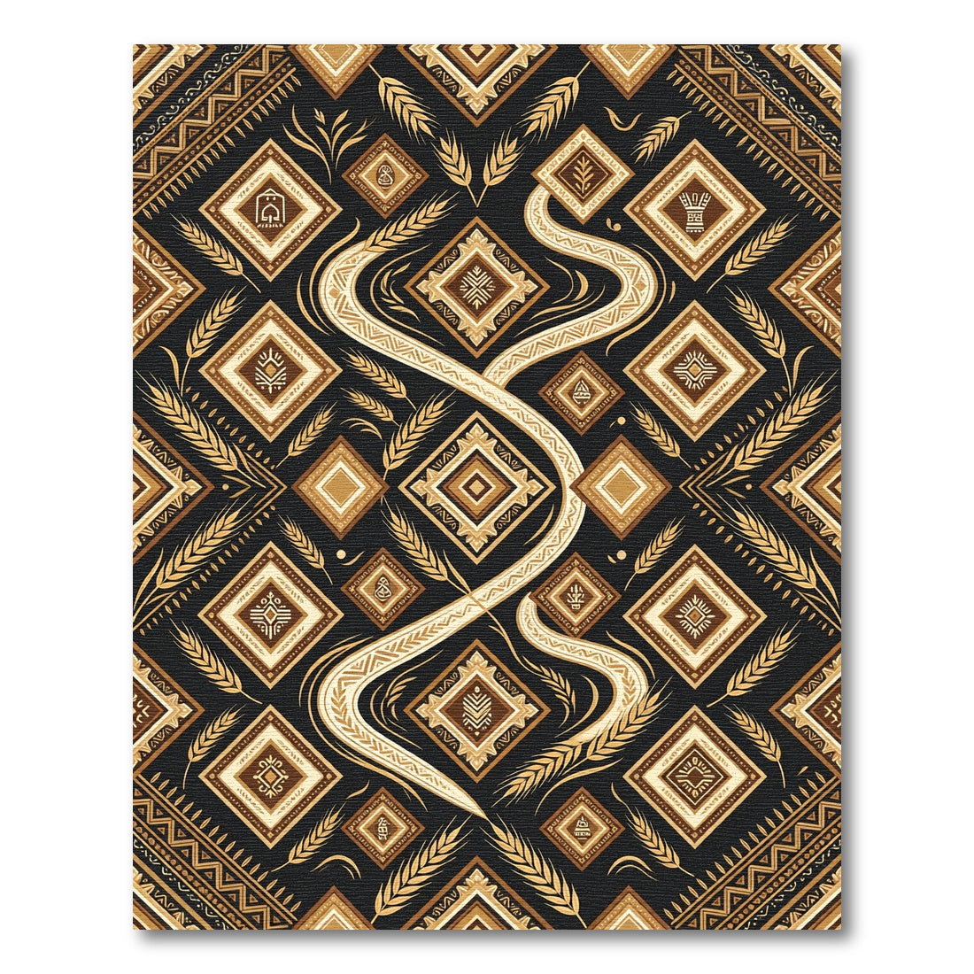 Earthy Gold Geometric Wheat Swirl Rug
