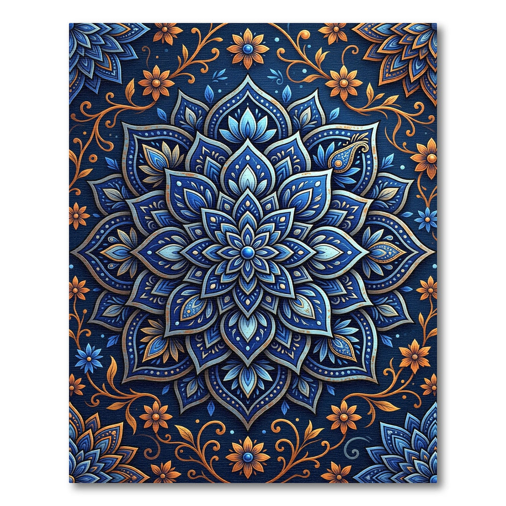 Elegant Indigo Gold Floral Mandala Rug