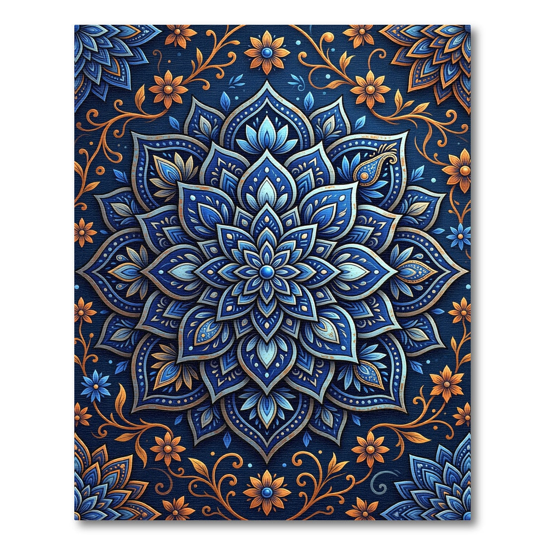 Elegant Indigo Gold Floral Mandala Rug