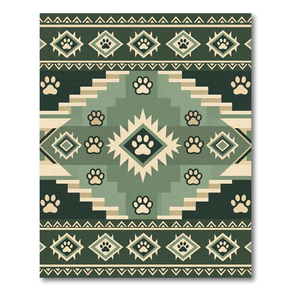 Sage Green Geometric Paw Boho Rug