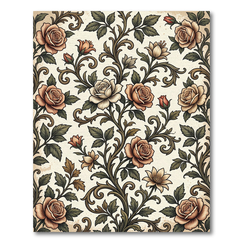 Vintage Sepia Rose Botanical Scroll Rug