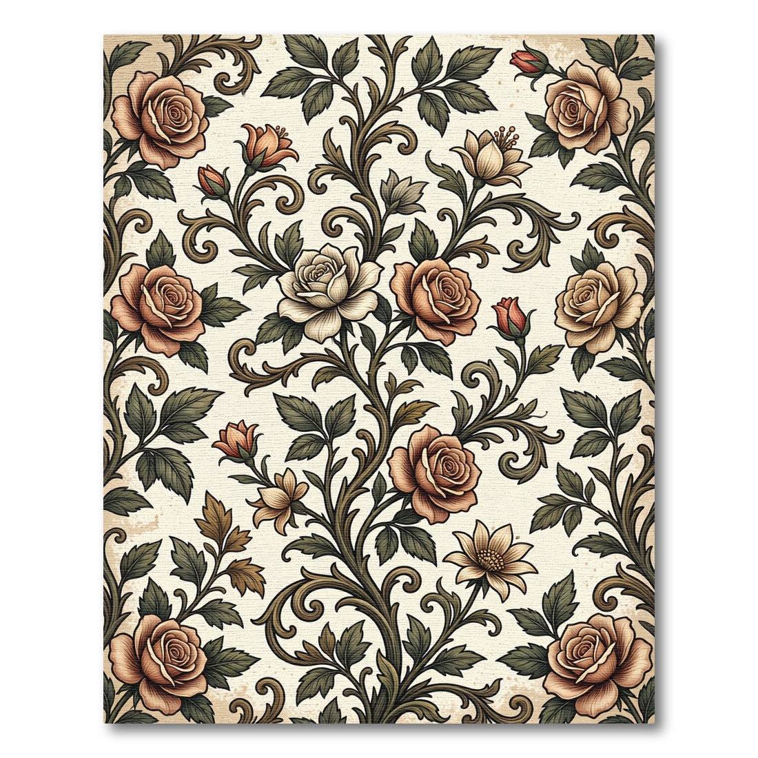 Vintage Sepia Rose Botanical Scroll Rug