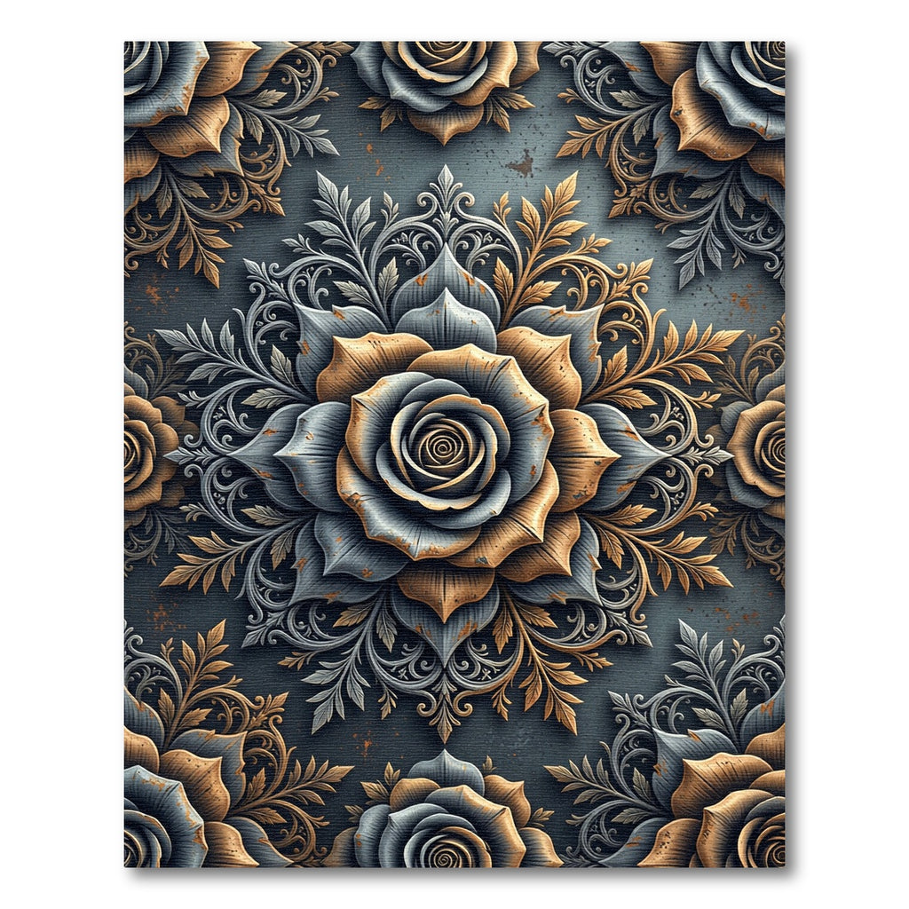 Metallic Gold and Slate Rose Medallion Rug