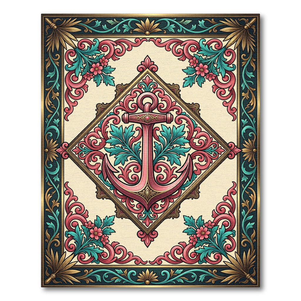 Victorian Pink Anchor Floral Border Rug