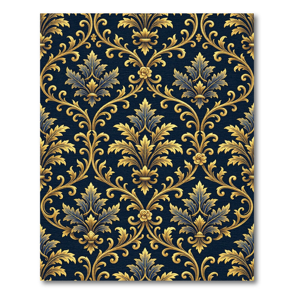 Elegant Gold Damask Navy Scroll Rug