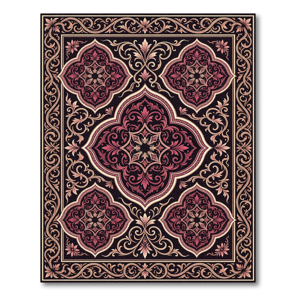 Crimson Quatrefoil Flourish Border Accent Rug