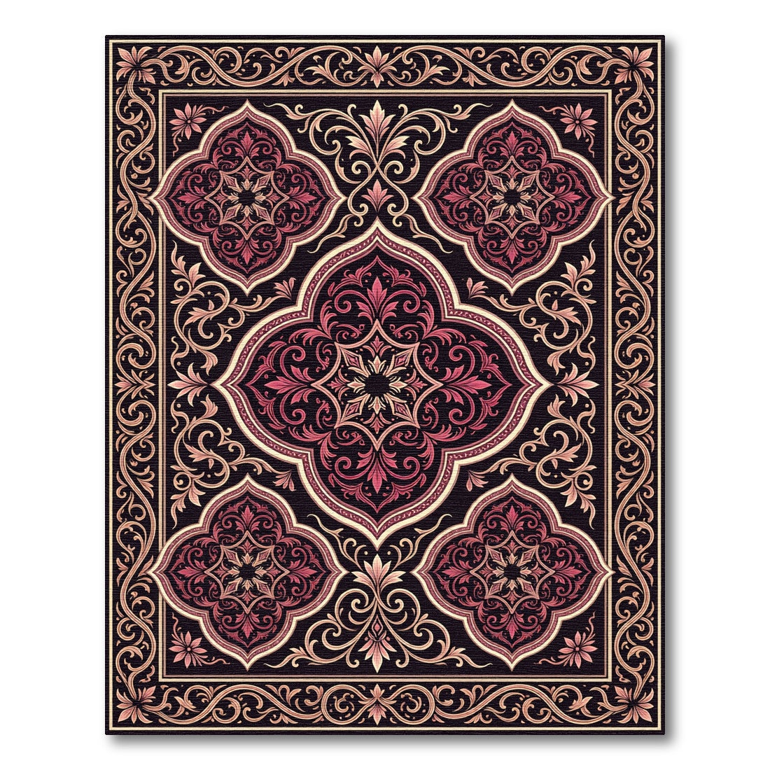 Crimson Quatrefoil Flourish Border Accent Rug