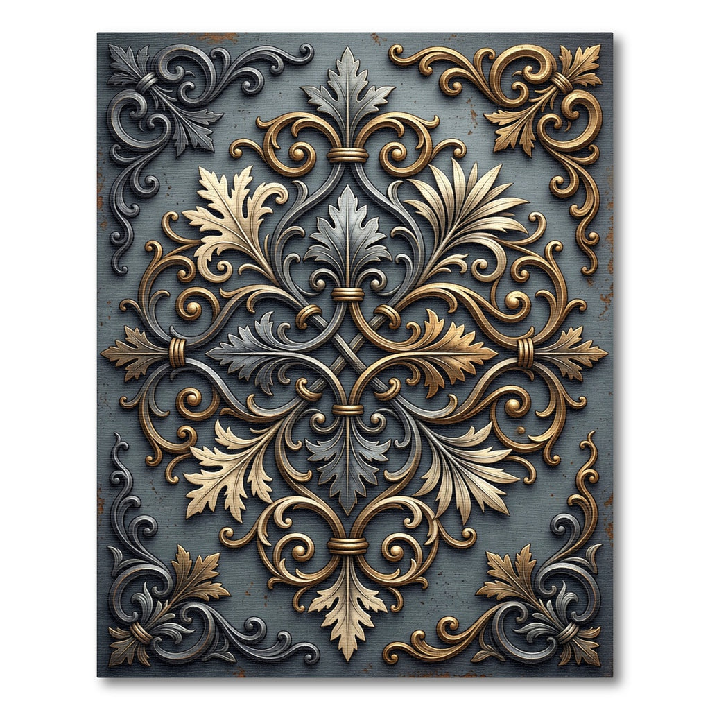Ornate Metallic Gold and Silver Scrollwork Rug