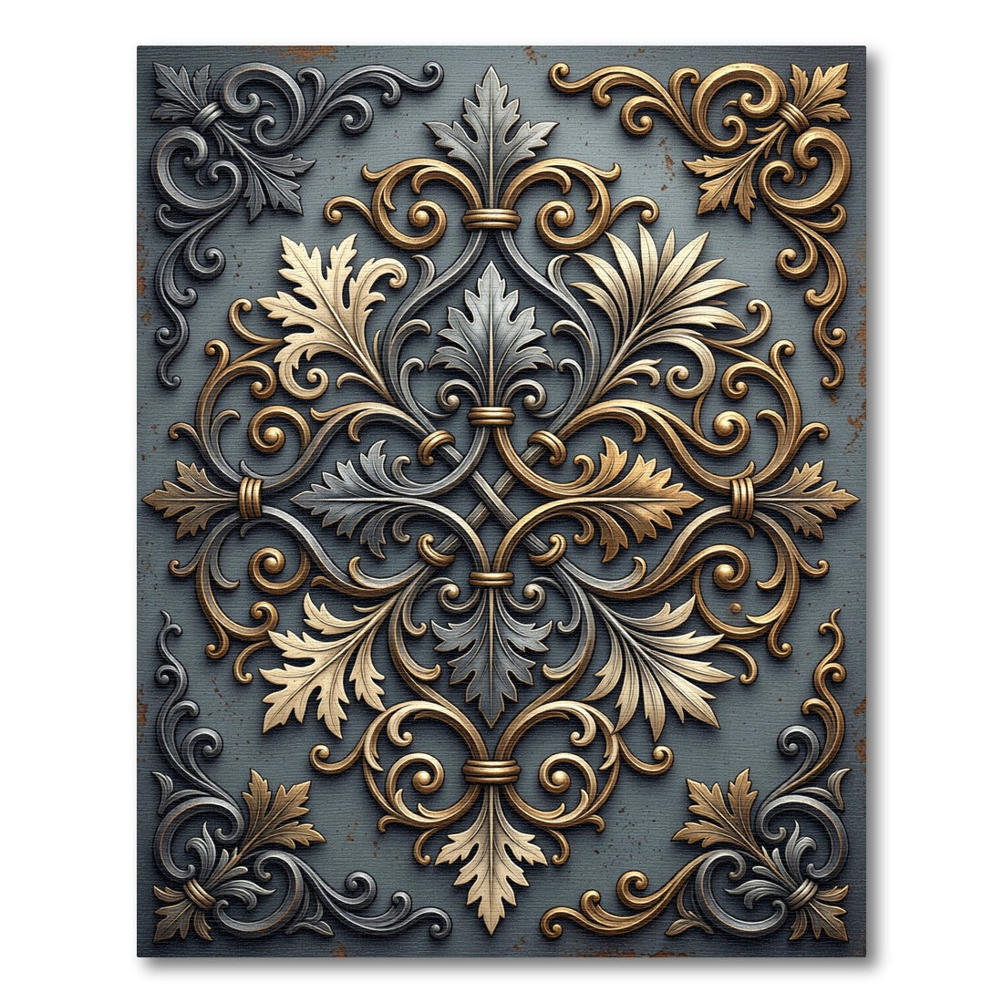 Ornate Metallic Gold and Silver Scrollwork Rug