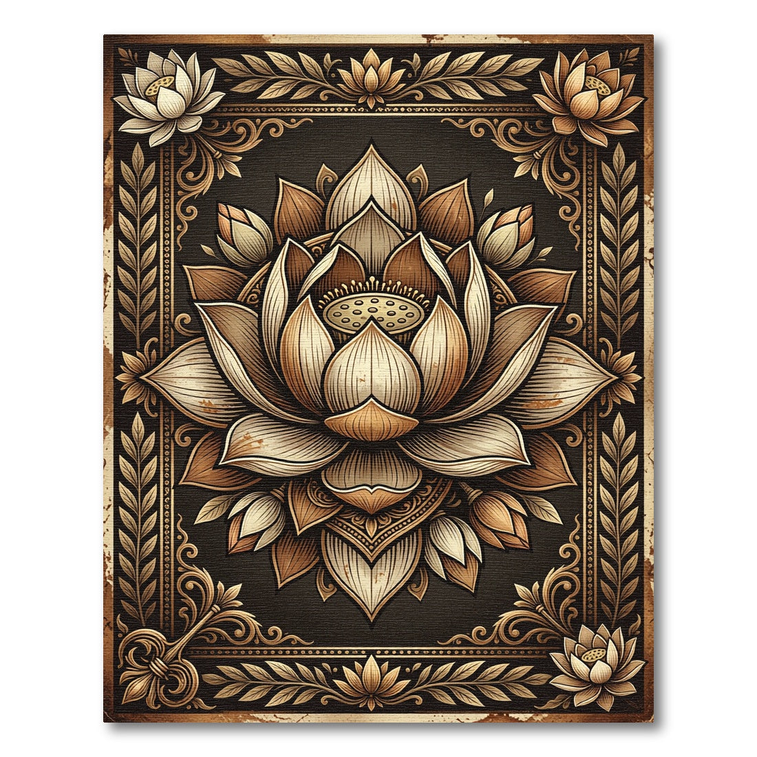 Elegant Golden Lotus Floral Medallion Rug