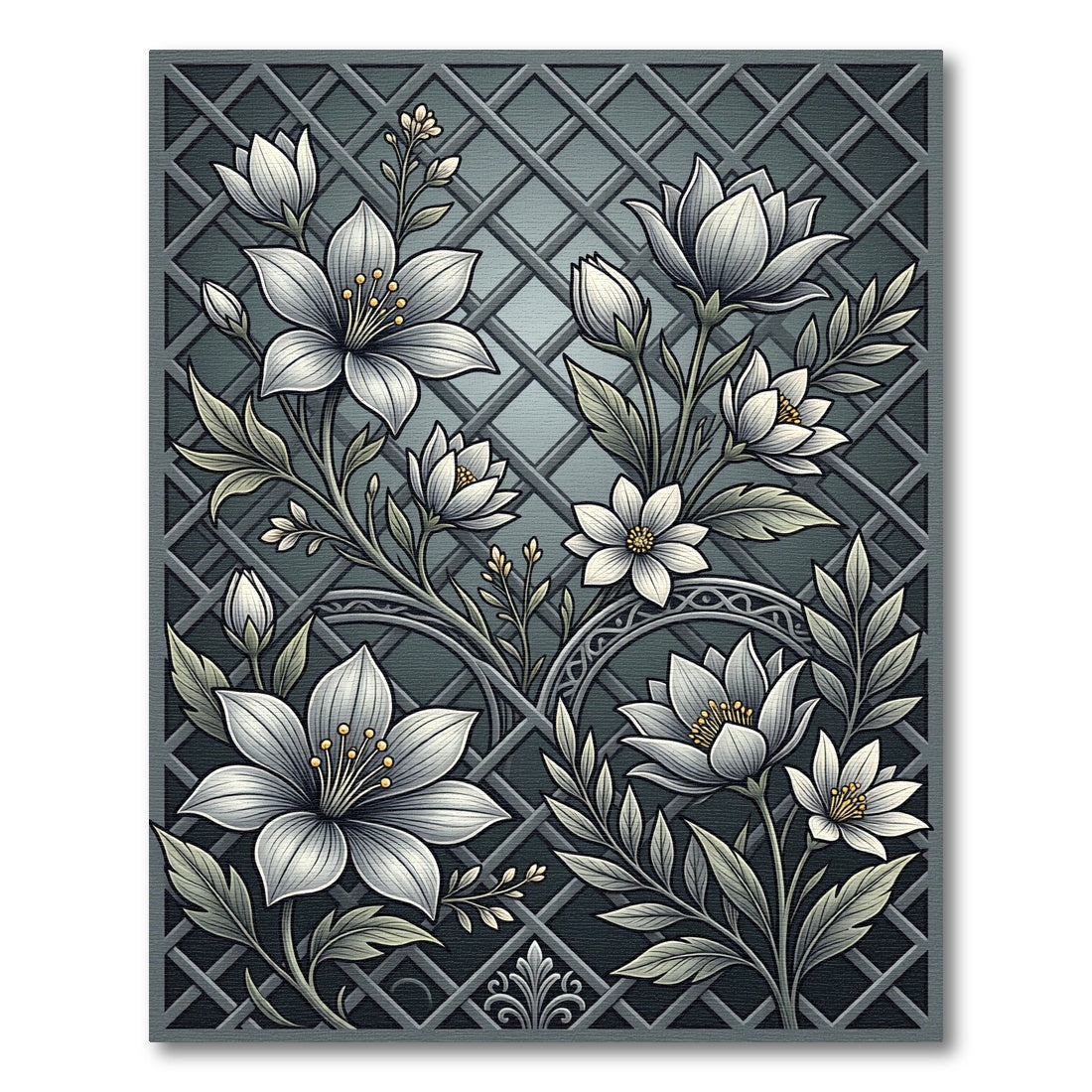 Gray Botanical Floral Lattice Rug