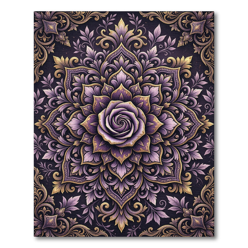 Floral Purple Rose Ornate Gold Mandala Rug