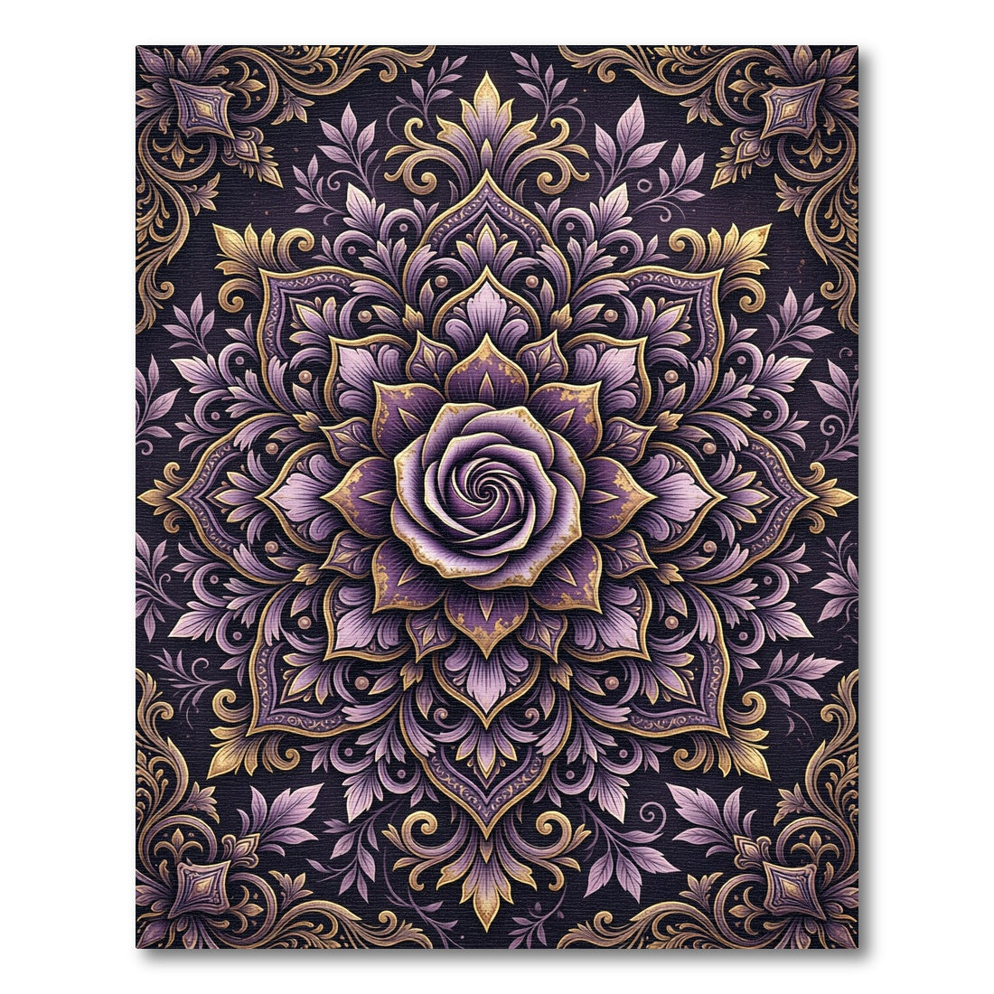 Floral Purple Rose Ornate Gold Mandala Rug