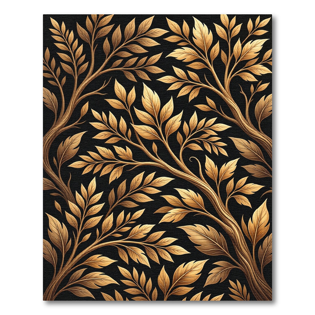Gilded Foliage Branches on Black Background Rug