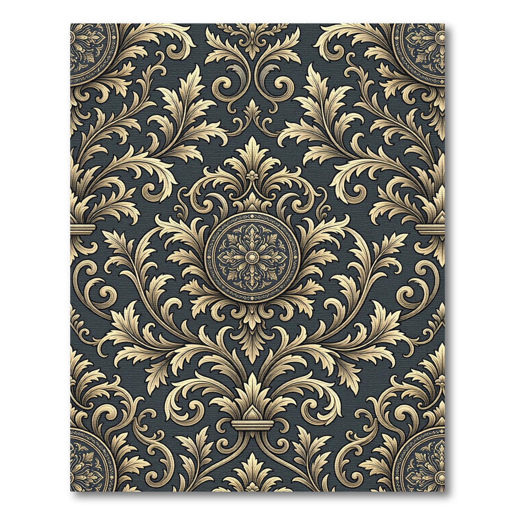Ornate Golden Damask Charcoal Scroll Rug
