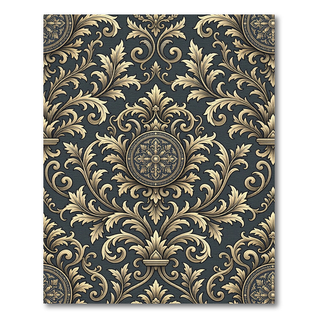 Ornate Golden Damask Charcoal Scroll Rug