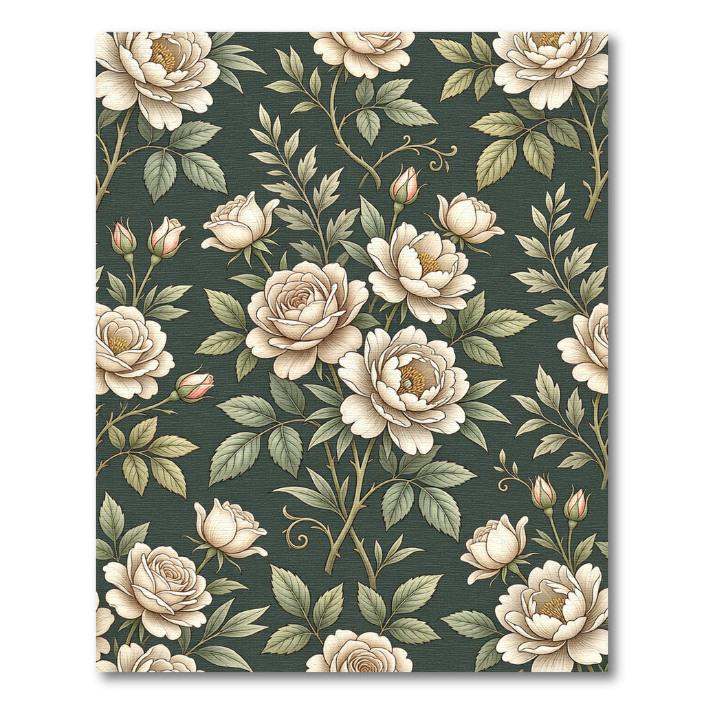 Vintage Cream Rose Floral Dark Green Rug
