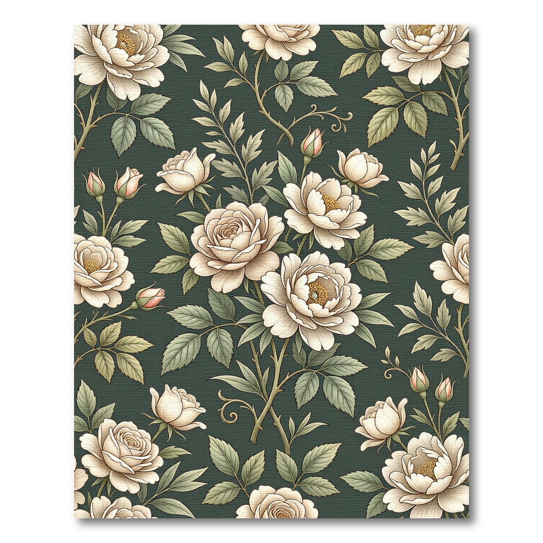 Vintage Cream Rose Floral Dark Green Rug