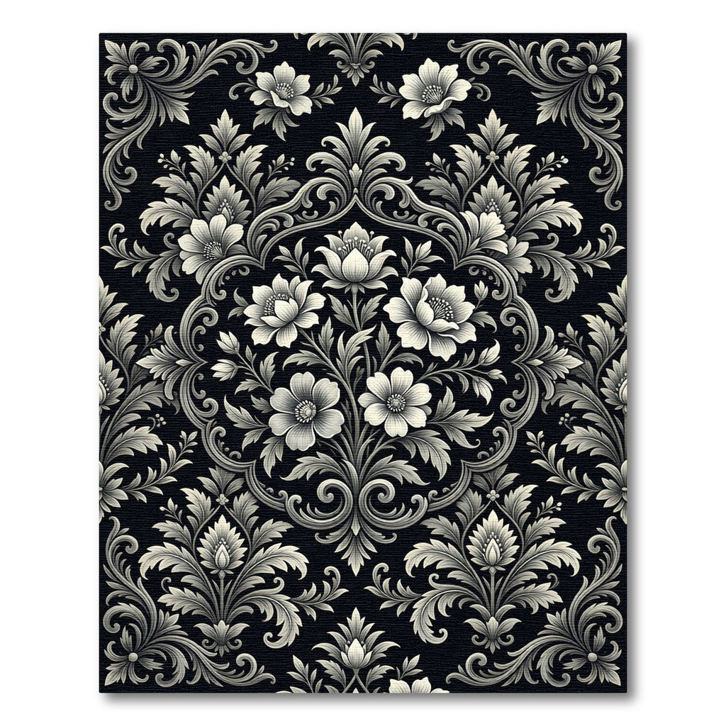 Elegant Black Floral Scrollwork Accents Rug