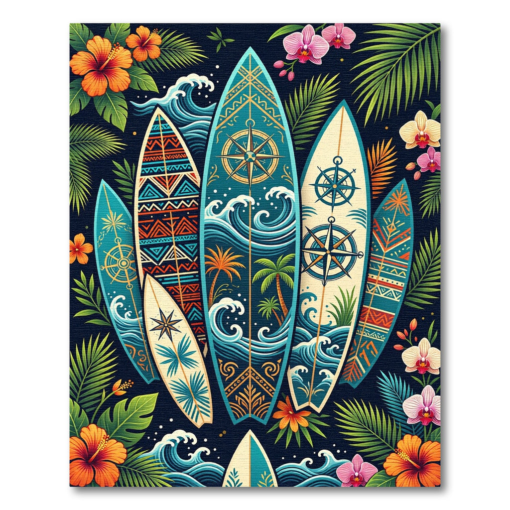Tropical Surfboard Wave and Floral Illustration Rug