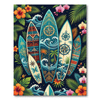 Tropical Surfboard Wave and Floral Illustration Rug