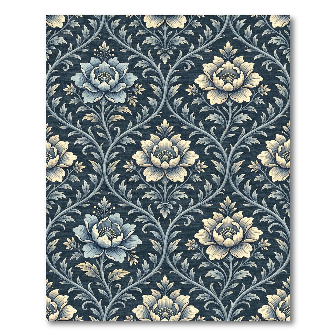 Elegant Navy Cream Floral Damask Rug