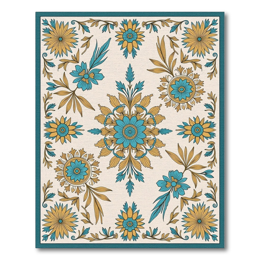 Teal Gold Floral Laurel Arrangement Rug