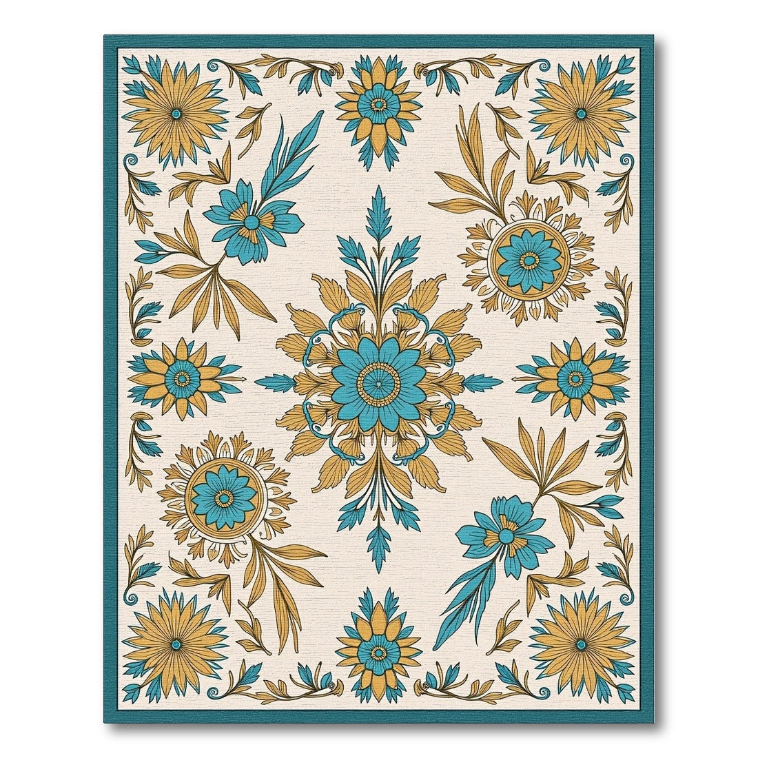 Teal Gold Floral Laurel Arrangement Rug