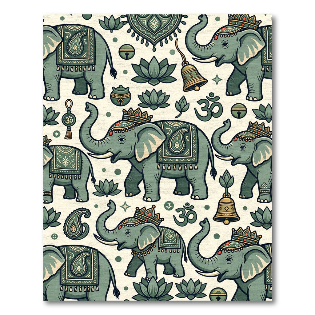 Sage Green Elephant Lotus Boho Illustration Rug