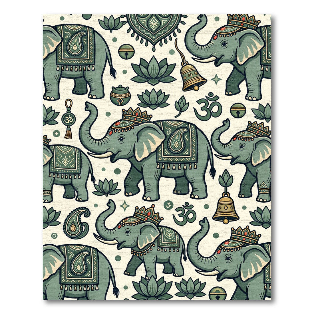 Sage Green Elephant Lotus Boho Illustration Rug