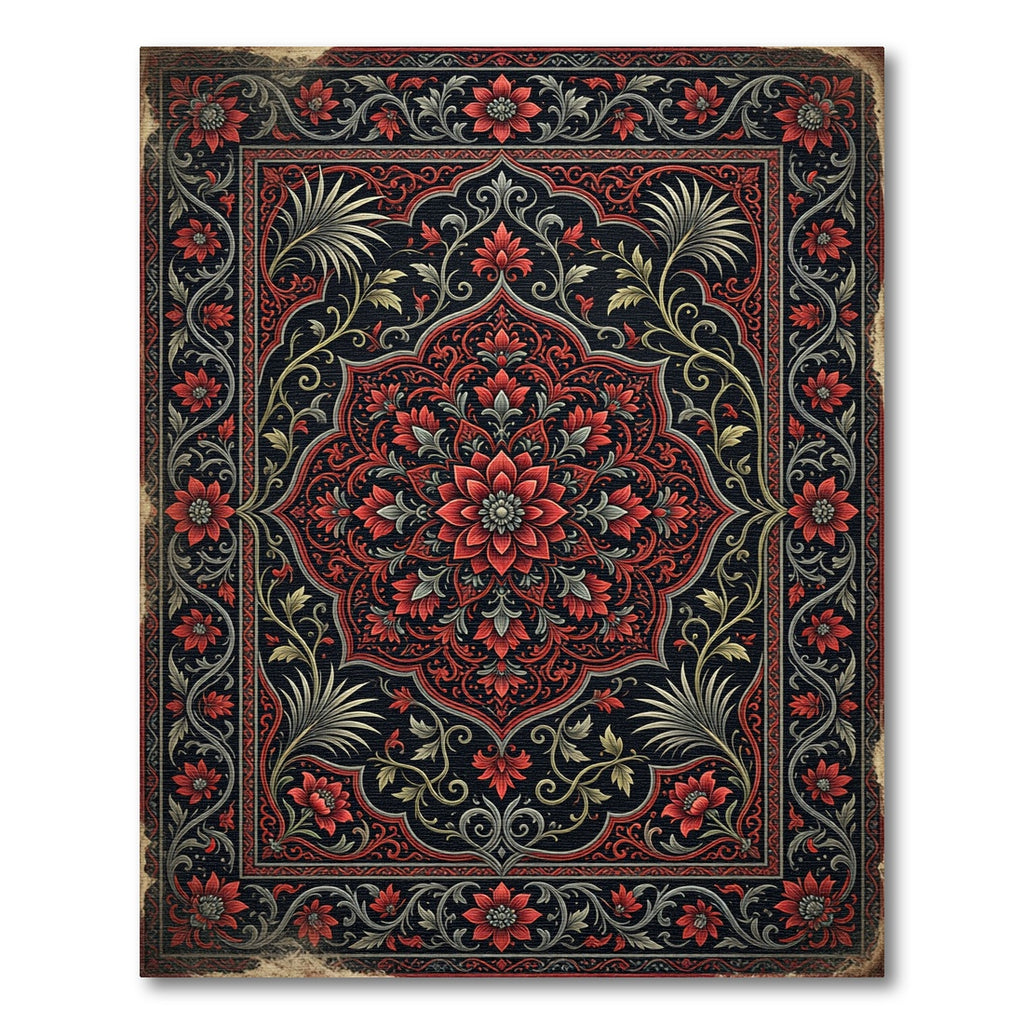 Elegant Crimson Floral Medallion Charcoal Art Rug