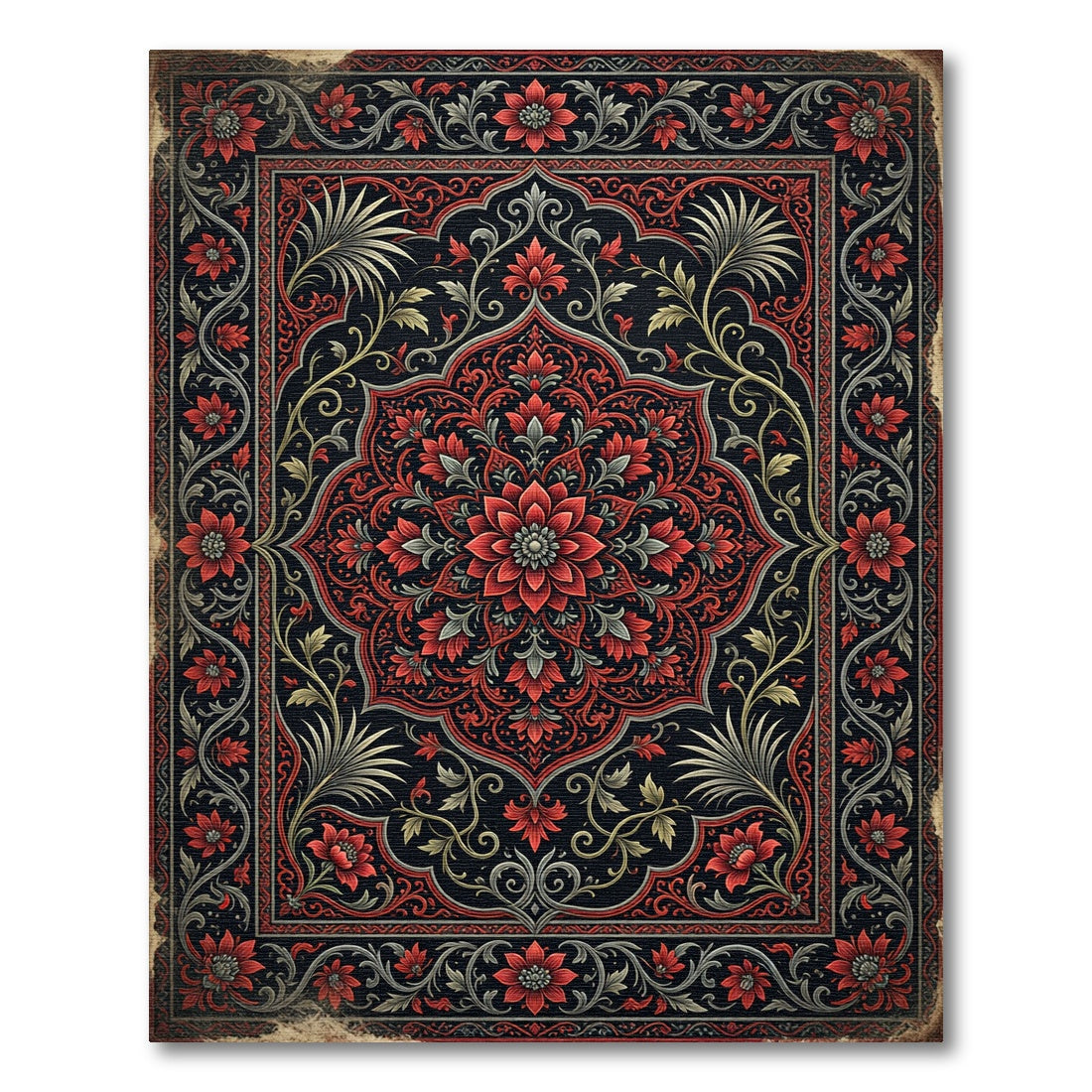 Elegant Crimson Floral Medallion Charcoal Art Rug