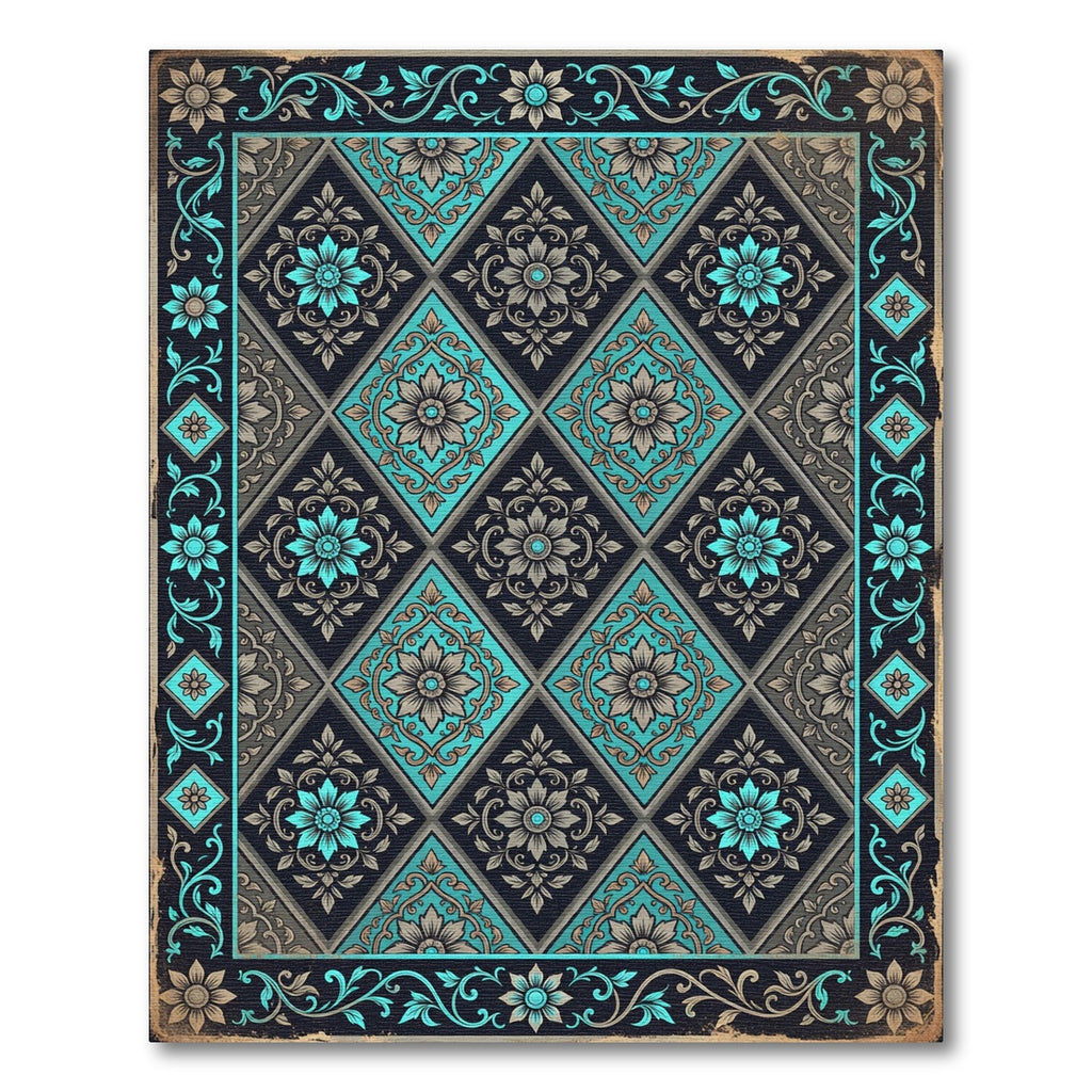 Ornate Turquoise Floral Diamond Border Rug