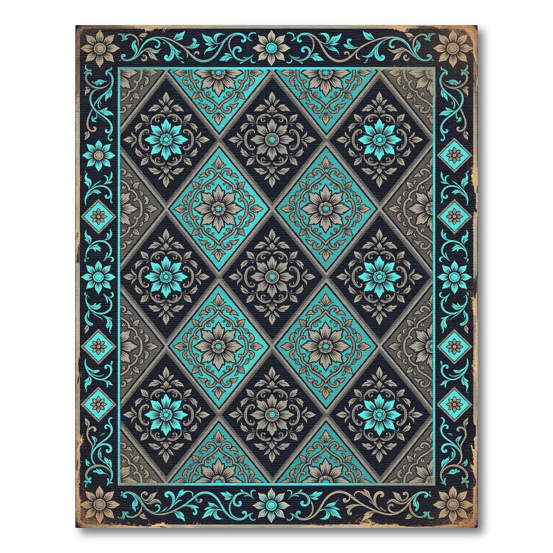 Ornate Turquoise Floral Diamond Border Rug
