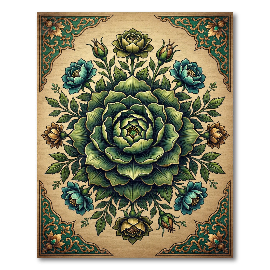 Emerald Green Floral Symmetry Medallion Rug