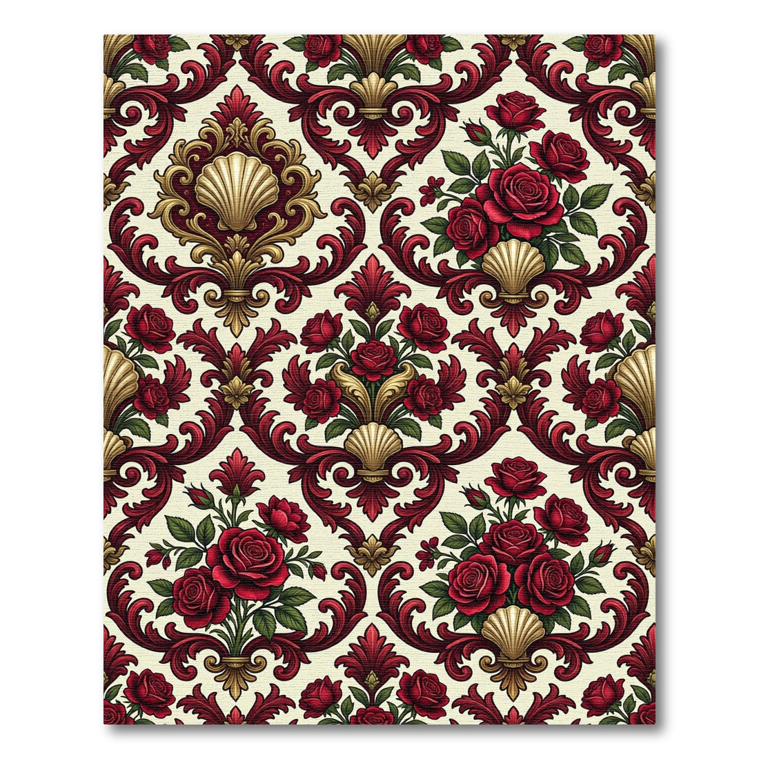 Ornate Crimson Rose Shell Medallion Rug