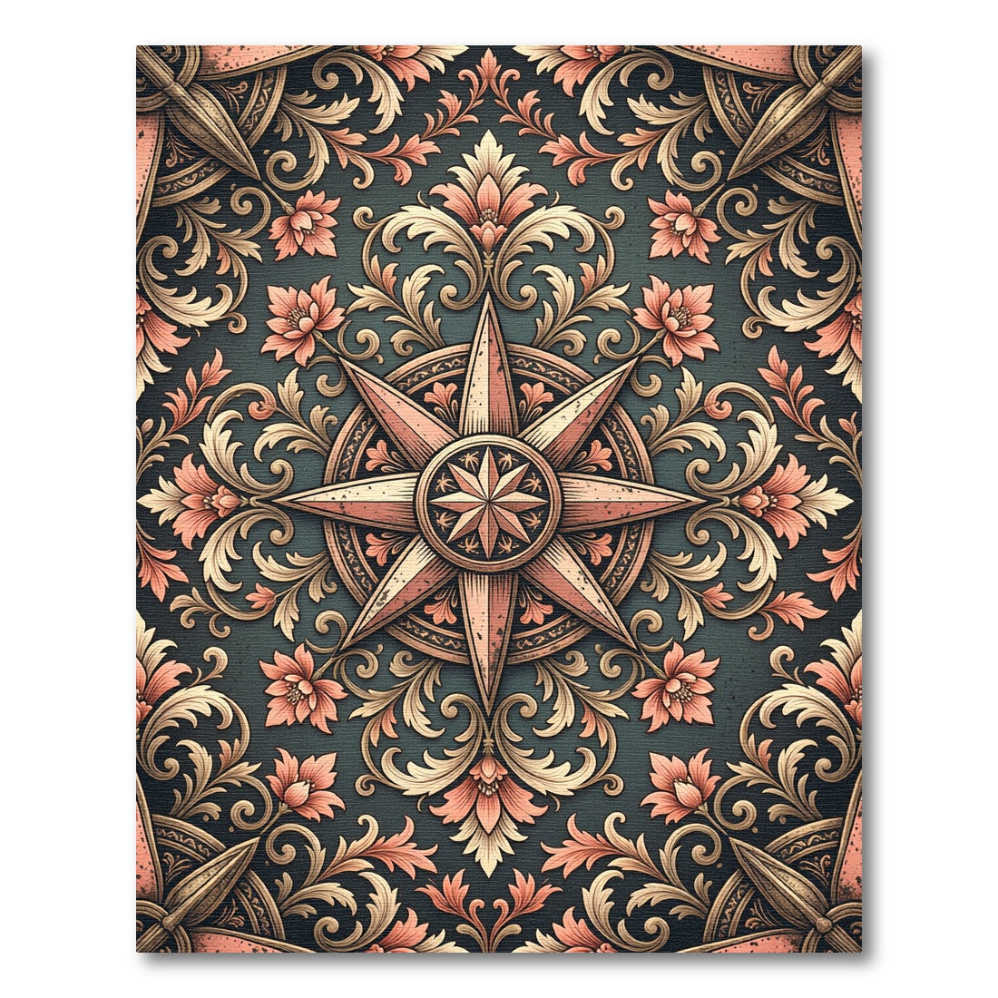 Ornate Compass Rose Floral Brocade Rug