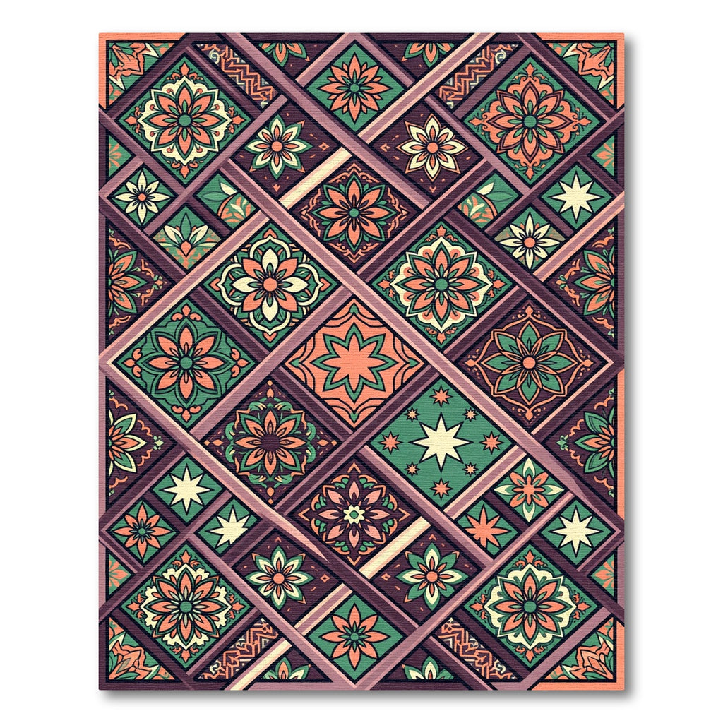 Terracotta Green Floral Diamond Collage Rug