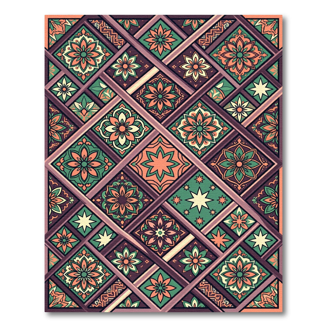 Terracotta Green Floral Diamond Collage Rug