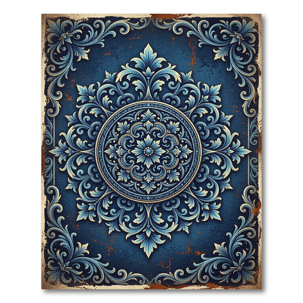 Vintage Navy Blue Floral Medallion Rug