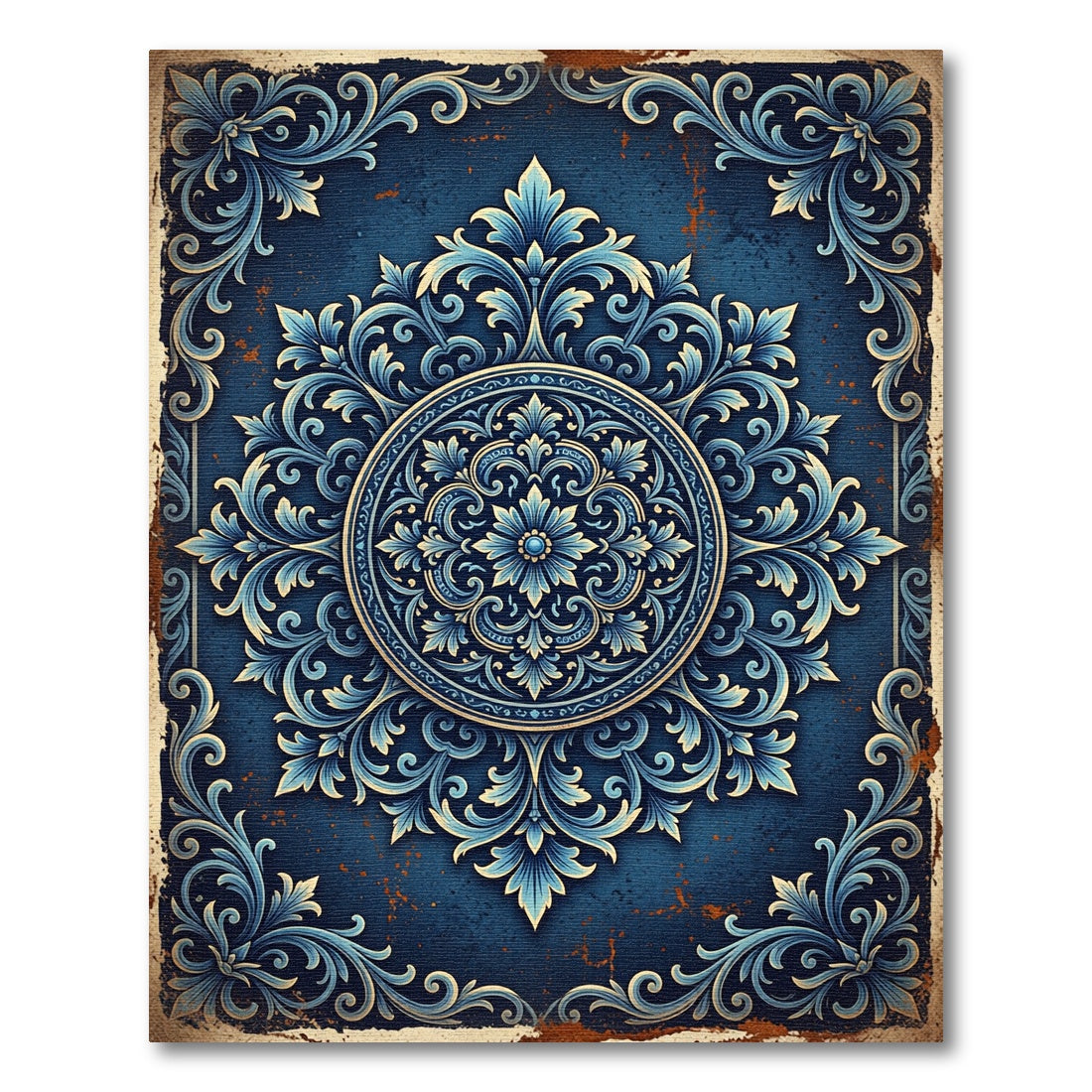 Vintage Navy Blue Floral Medallion Rug
