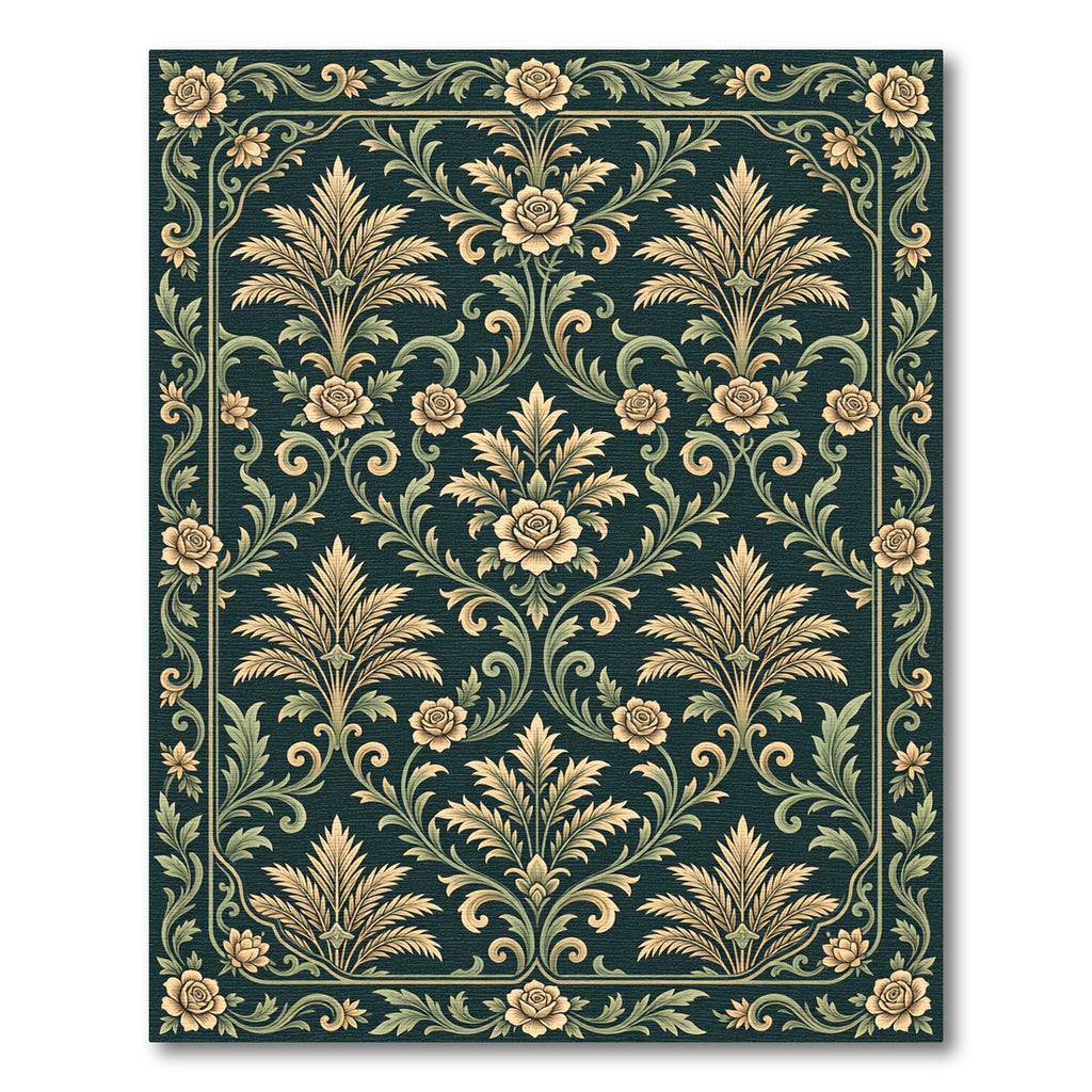 Elegant Dark Emerald Rose Damask Rug