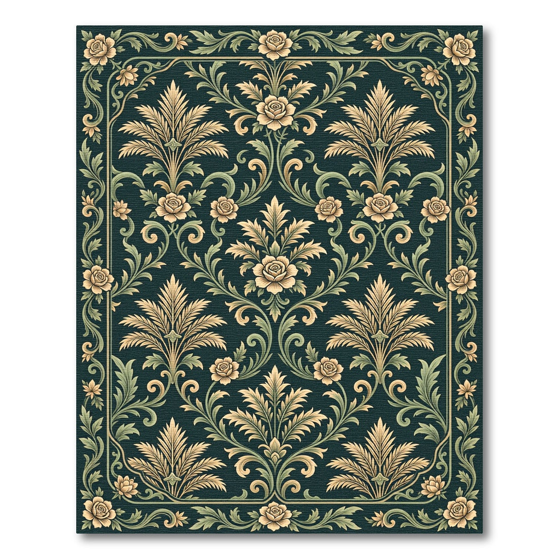 Elegant Dark Emerald Rose Damask Rug