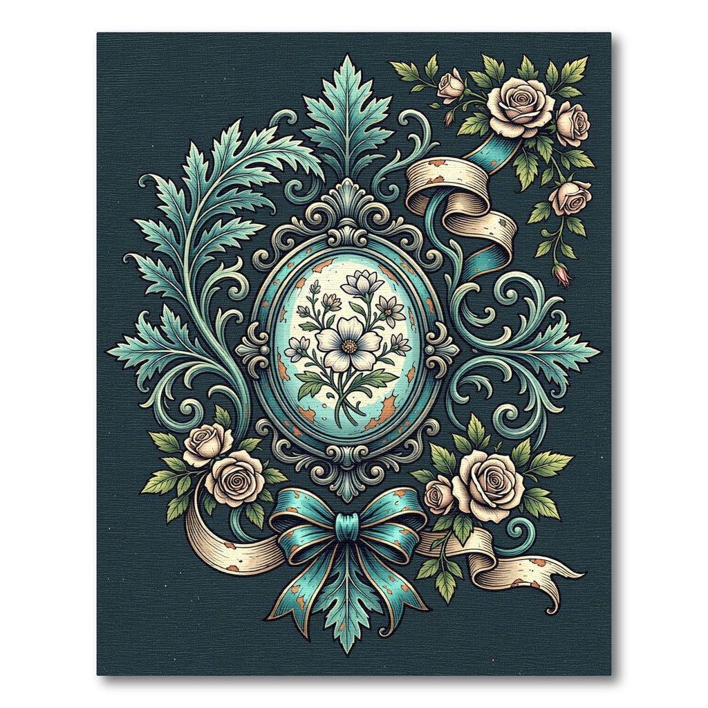 Elegant Teal Rose Floral Cameo Rug