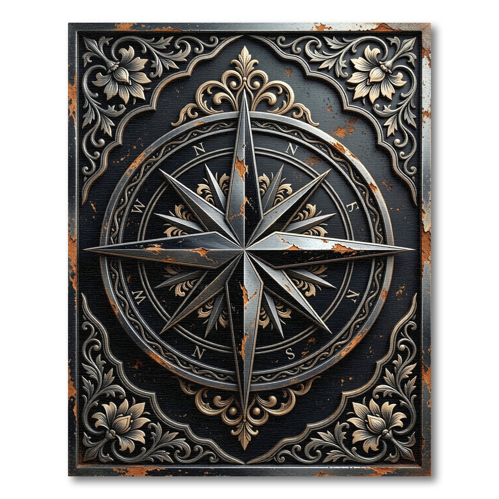 Ornate Compass Rose Black Gold Rug