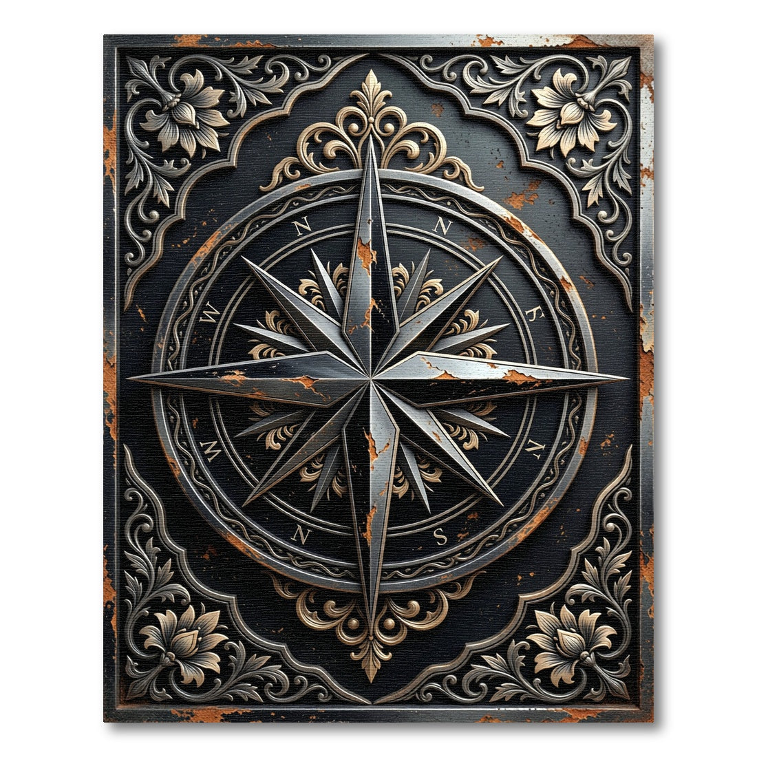 Ornate Compass Rose Black Gold Rug